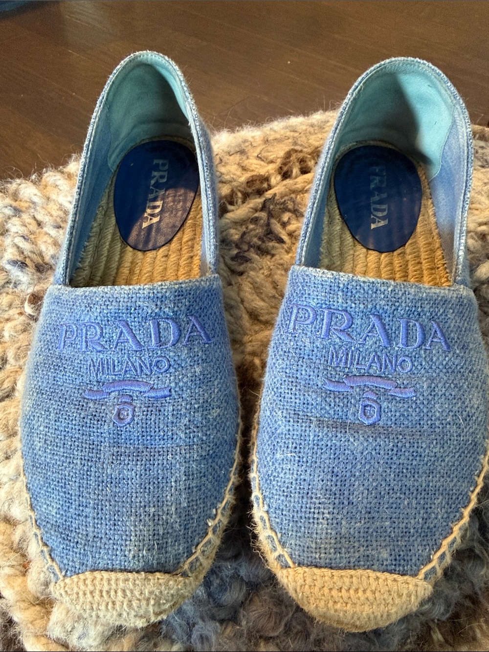 Prada Light Blue Milano Embroidered Slip-On Espadrilles